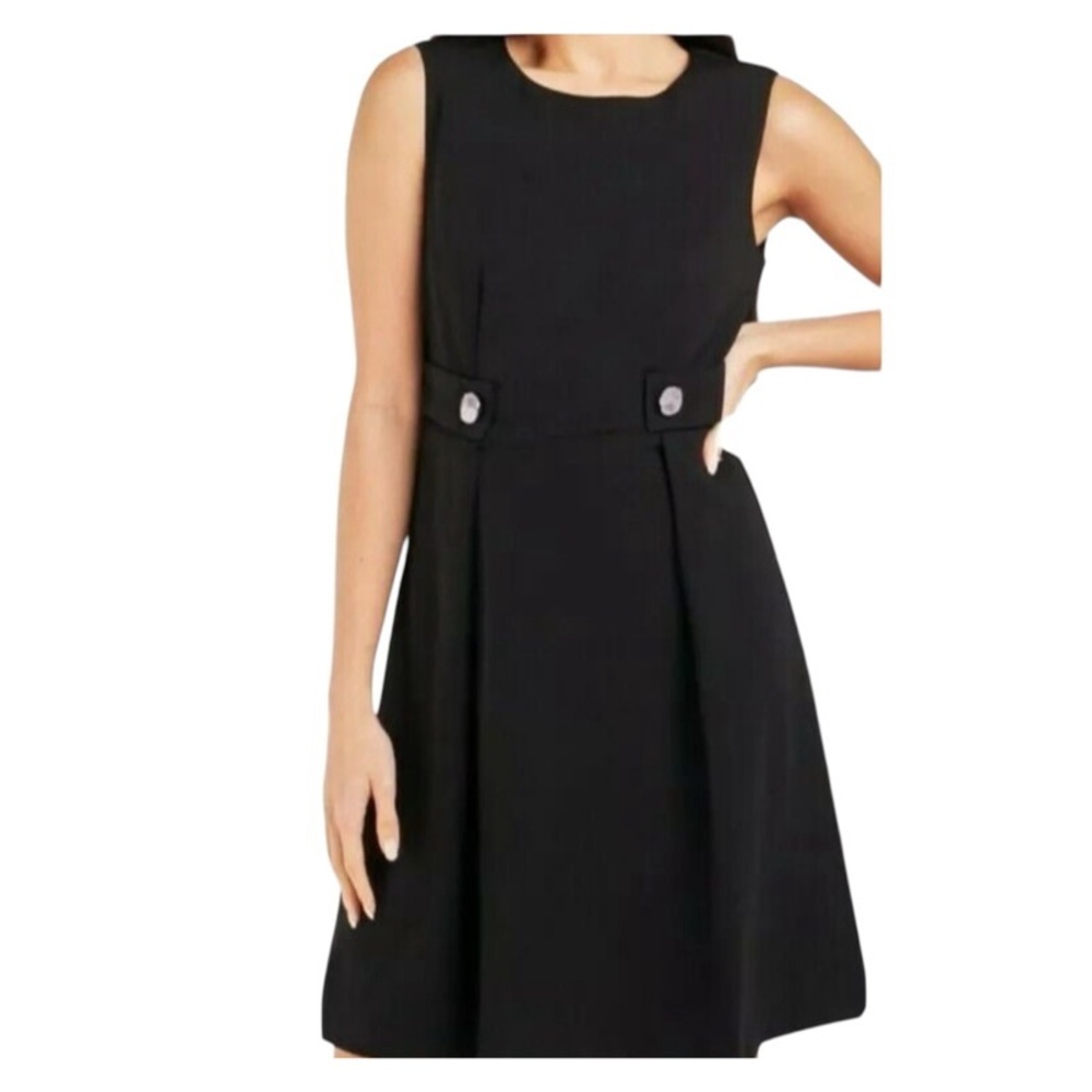 H&M Black Sleeveless Fit-and-Flare Dress with Button Waist Tabs